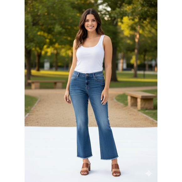 Old Navy Women 16T Boho Festival Indie Western Stretch Blue Raw Edge Flare Jeans - Picture 2 of 10